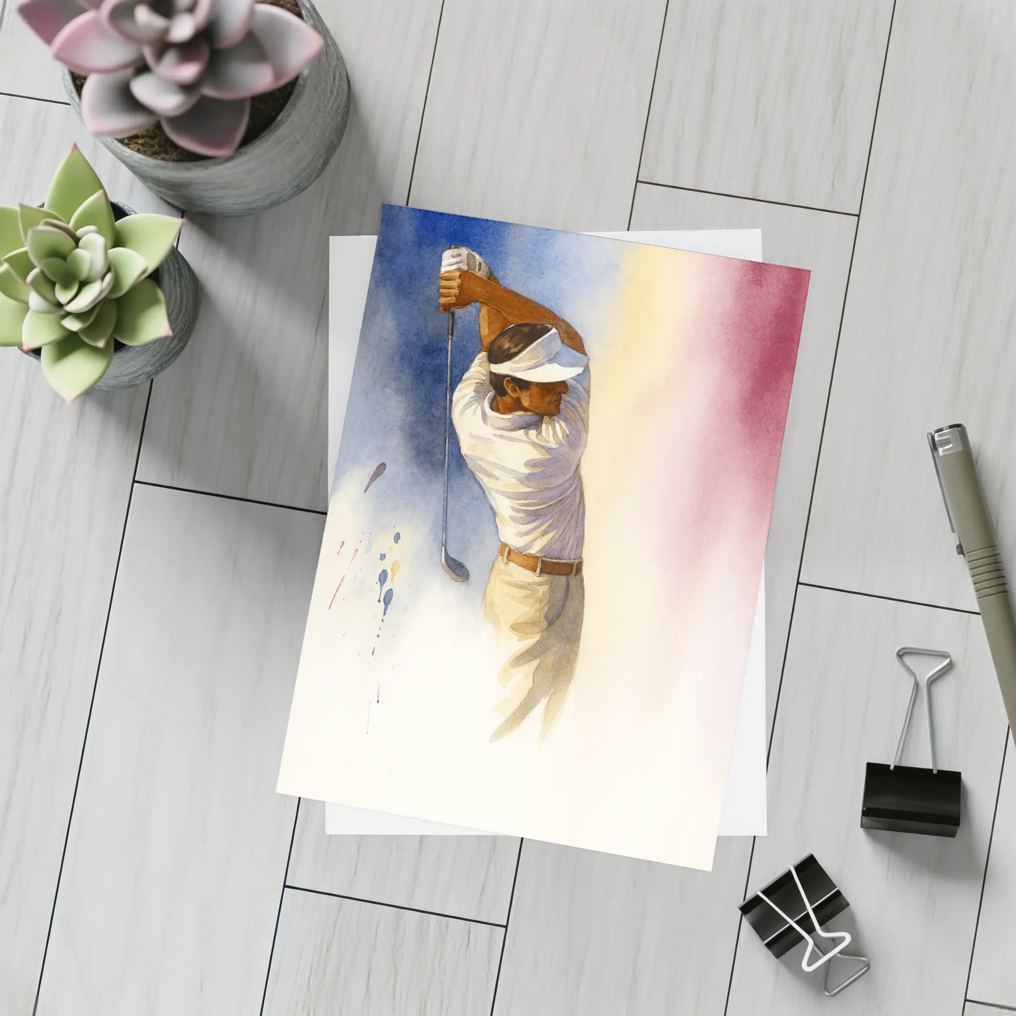 Watercolor Golfer Follow Through Colorful Background – Postcards