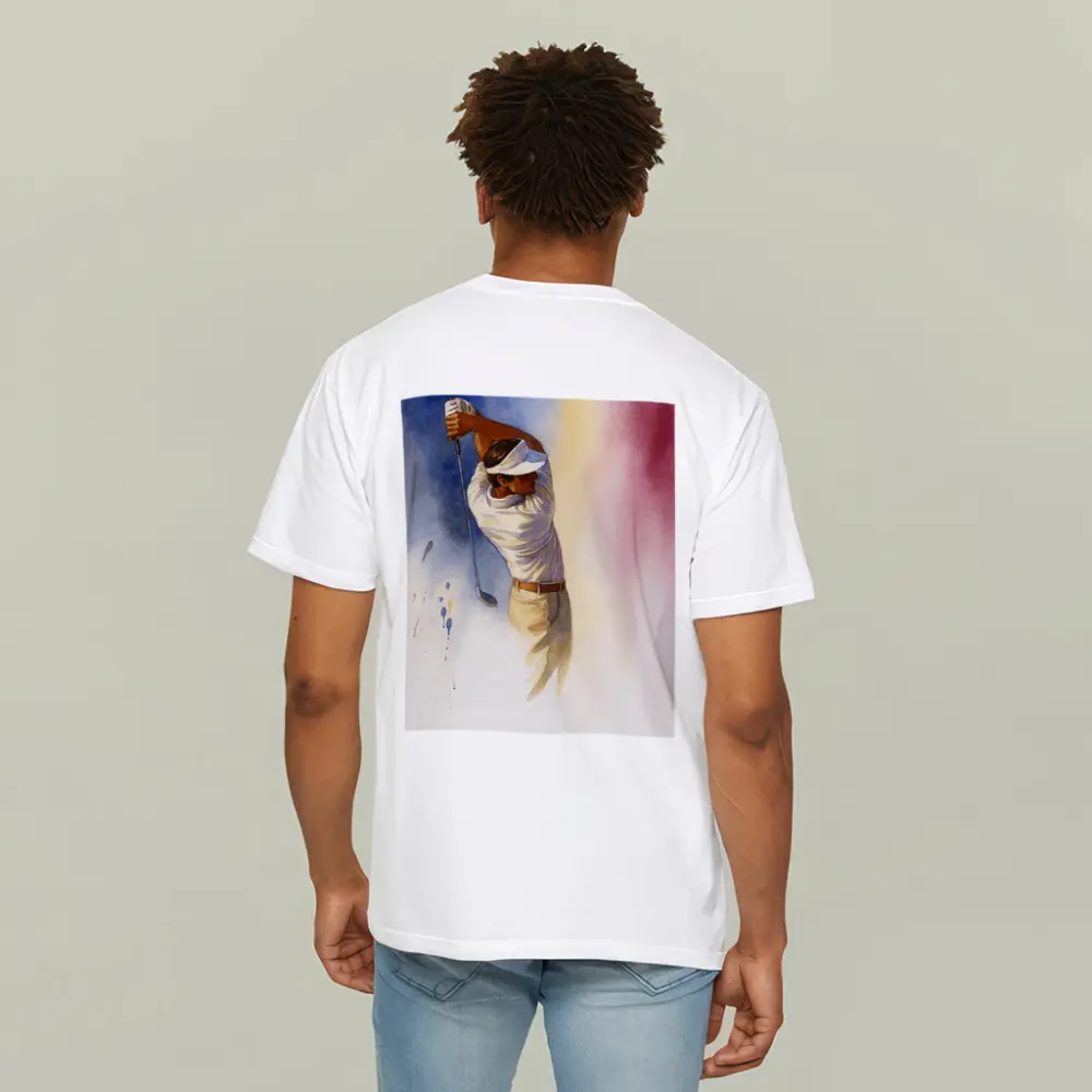 Watercolor Golfer Follow Through Colorful Background – T-Shirts