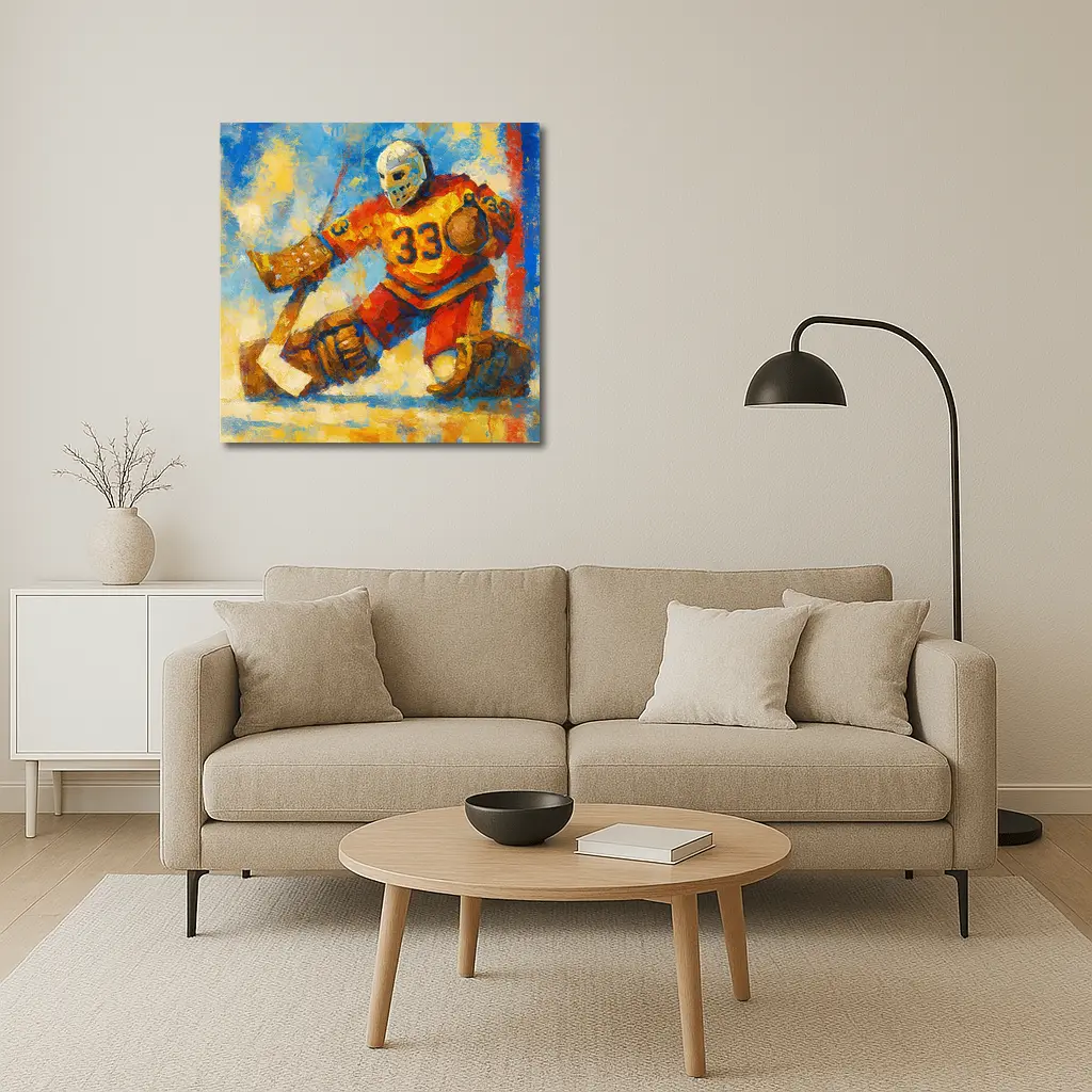 Hockey Goalie Oil Painting Blue Yellow Background – Wall Art