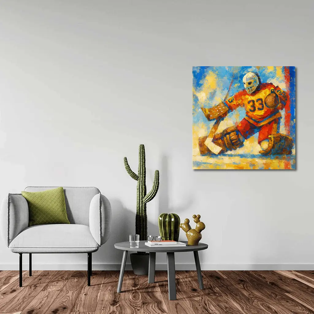 Hockey Goalie Oil Painting Blue Yellow Background – Wall Art