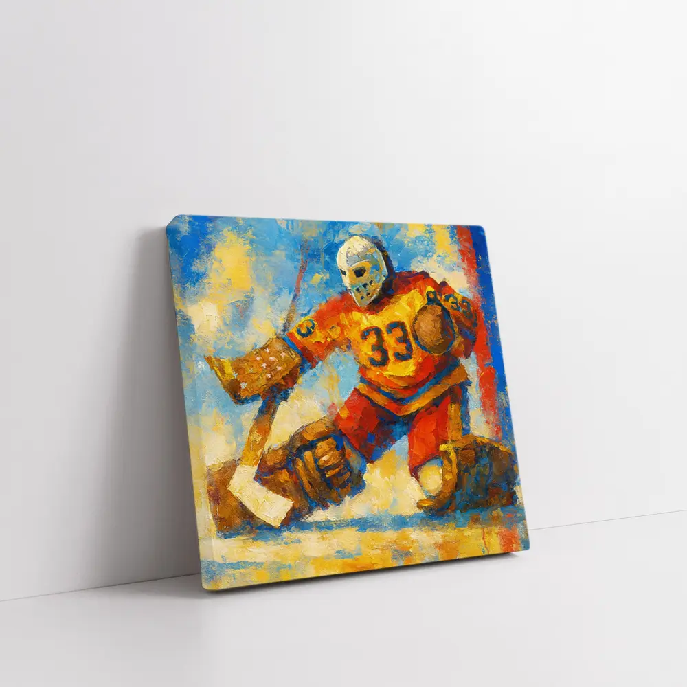 Hockey Goalie Oil Painting Blue Yellow Background – Wall Art