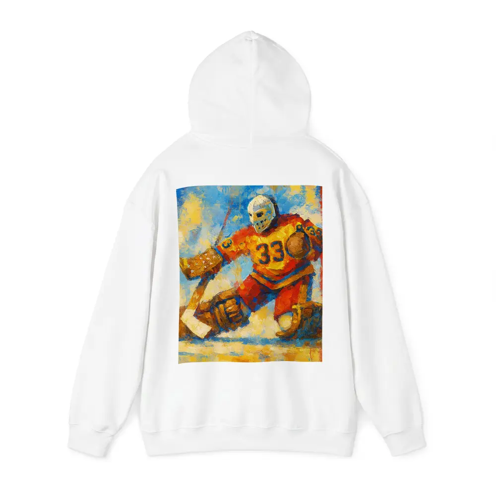 Hockey Goalie Oil Painting Blue Yellow Background – Hoodies