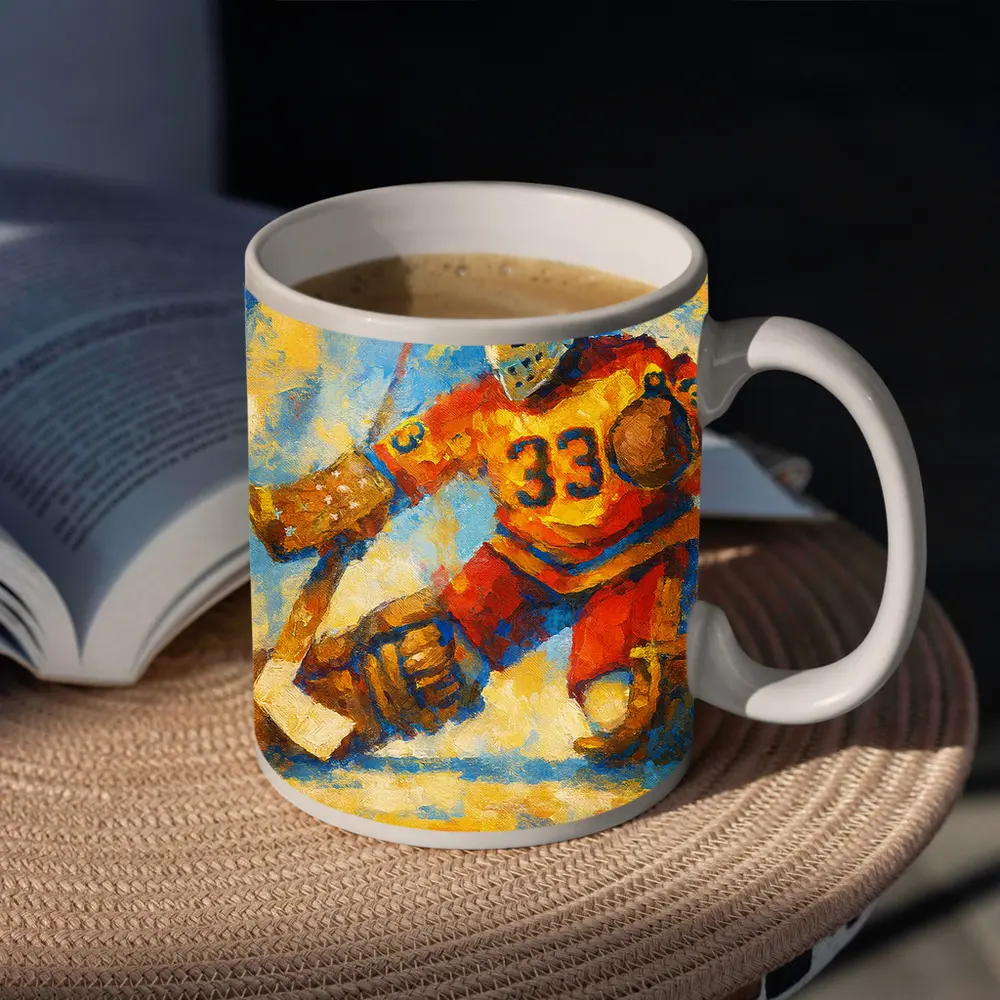 Hockey Goalie Oil Painting Blue Yellow Background – Mugs