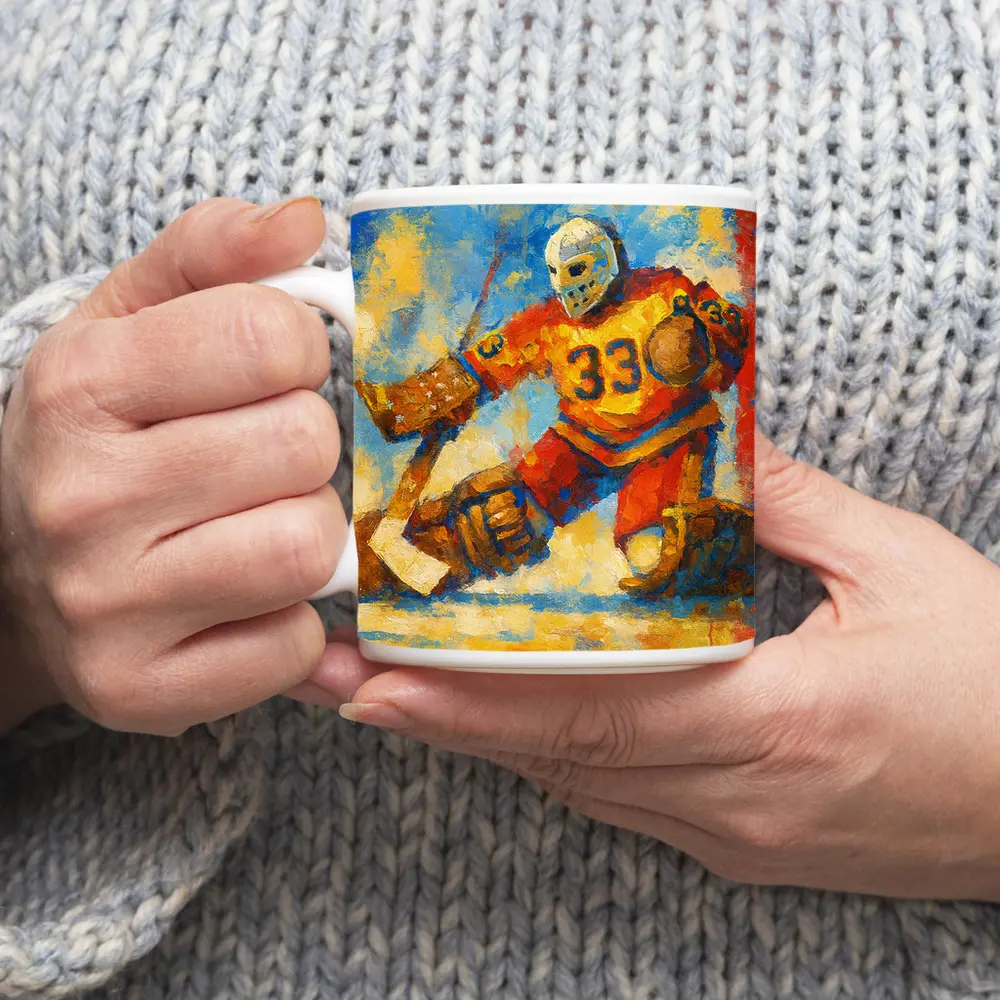 Hockey Goalie Oil Painting Blue Yellow Background – Mugs