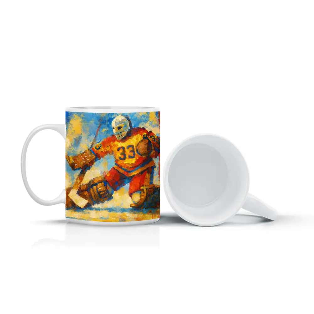 Hockey Goalie Oil Painting Blue Yellow Background – Mugs