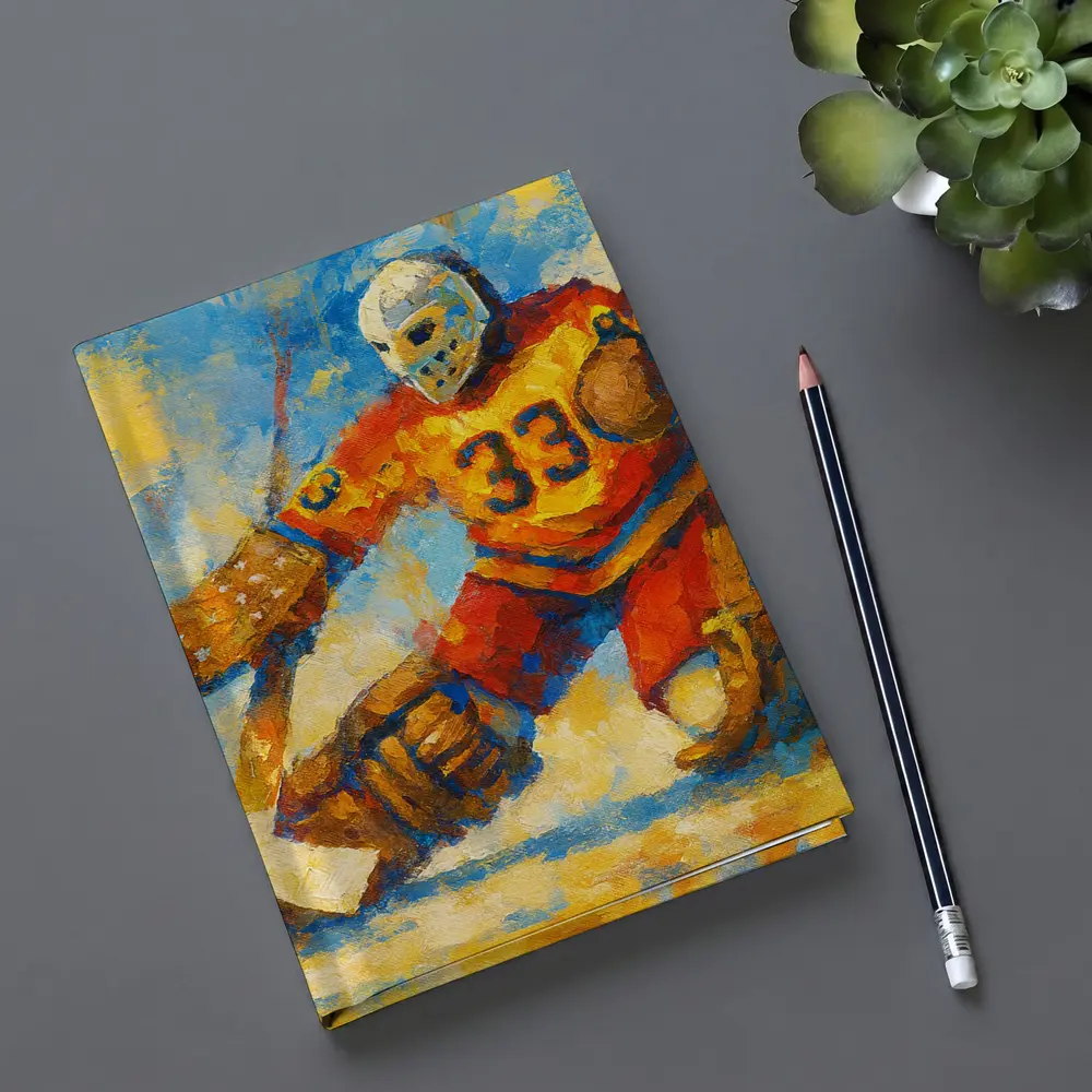 Hockey Goalie Oil Painting Blue Yellow Background – Notebooks