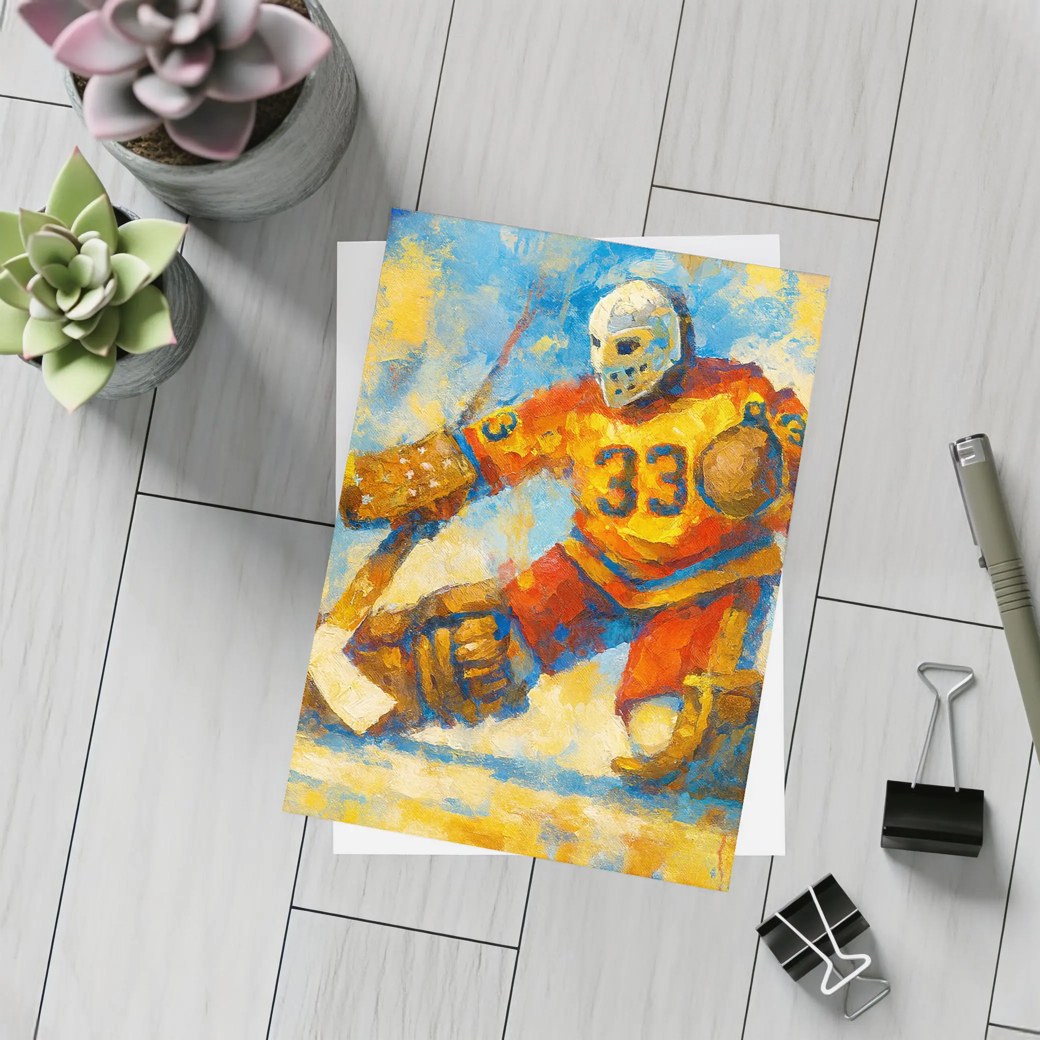 Hockey Goalie Oil Painting Blue Yellow Background – Postcards