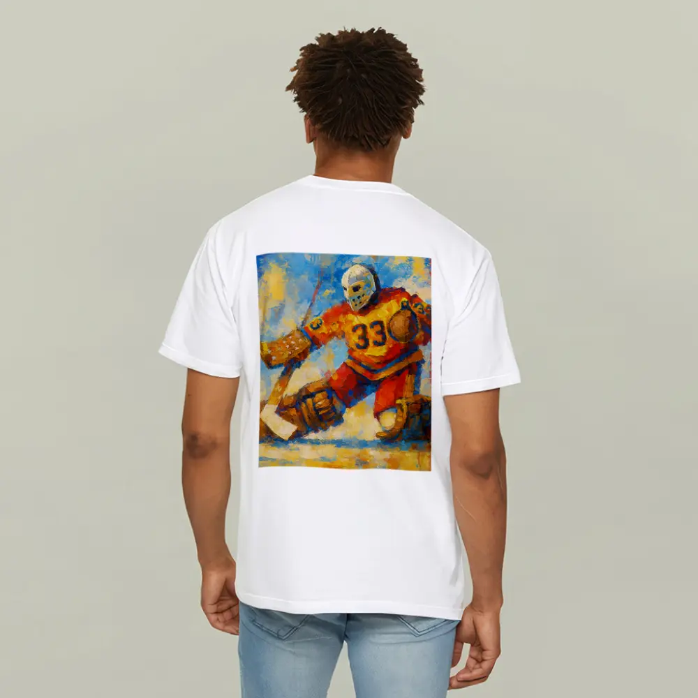 Hockey Goalie Oil Painting Blue Yellow Background – T-Shirts