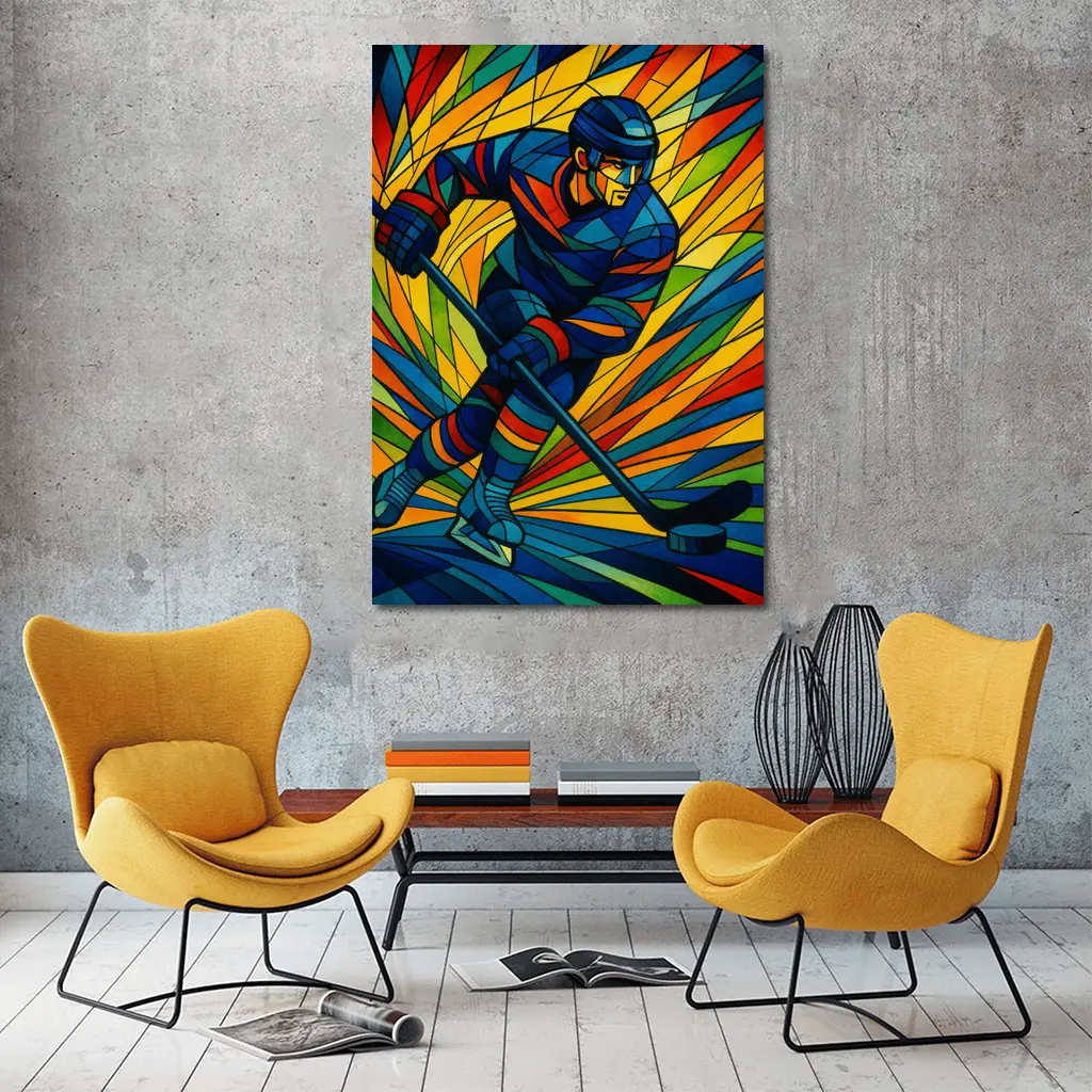 Hockey Player Stained Glass Colorful Art – Wall Art