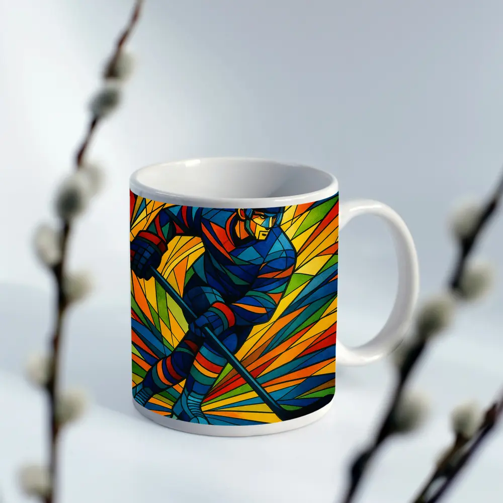 Hockey Player Stained Glass Colorful Art – Mugs