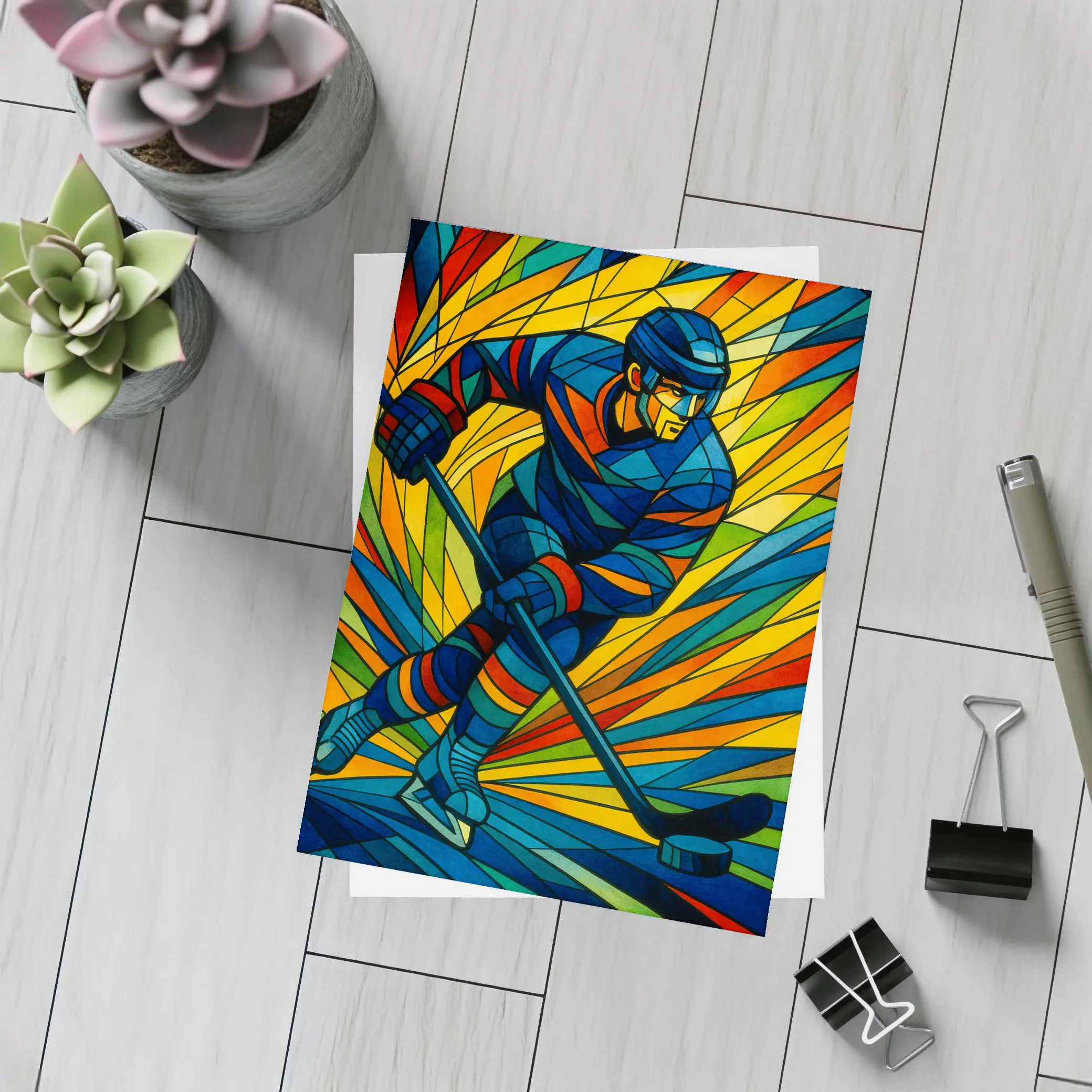 Hockey Player Stained Glass Colorful Art – Postcards