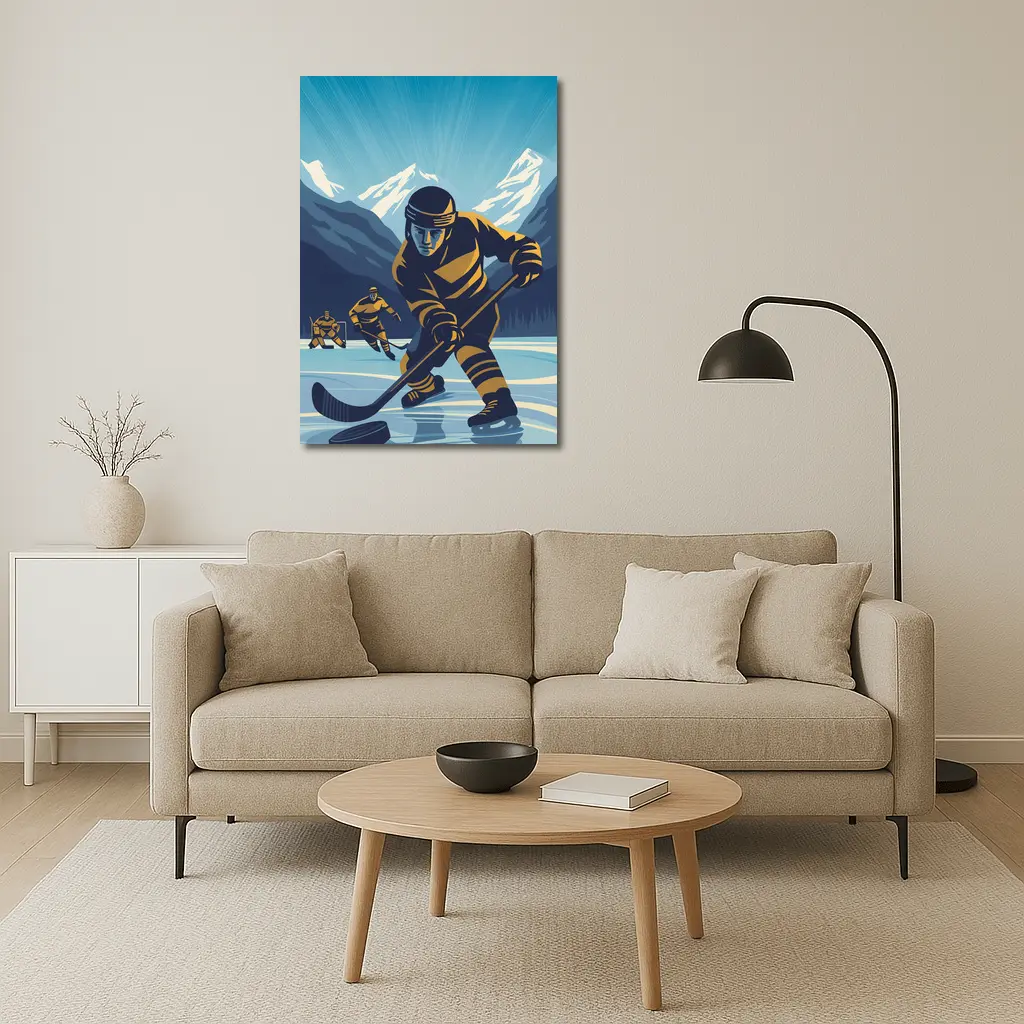 Ice Hockey Player Retro Mountain Illustration Art – Wall Art