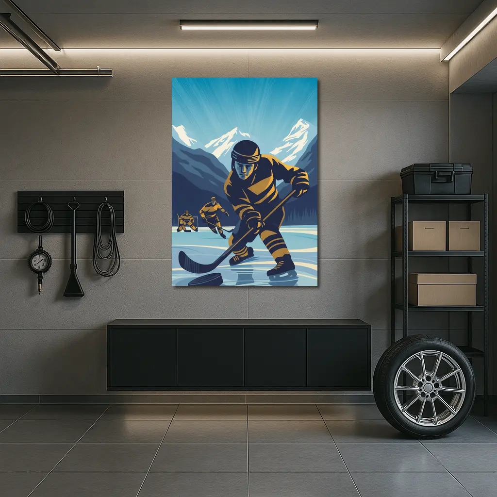 Ice Hockey Player Retro Mountain Illustration Art – Wall Art