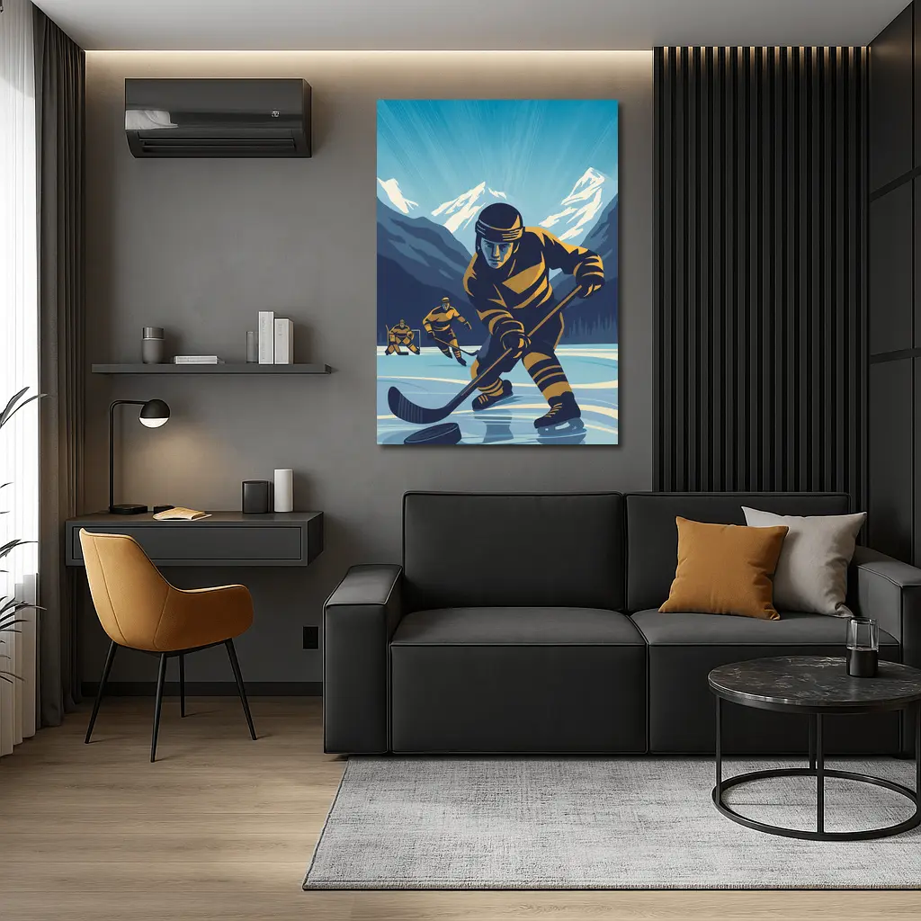 Ice Hockey Player Retro Mountain Illustration Art – Wall Art