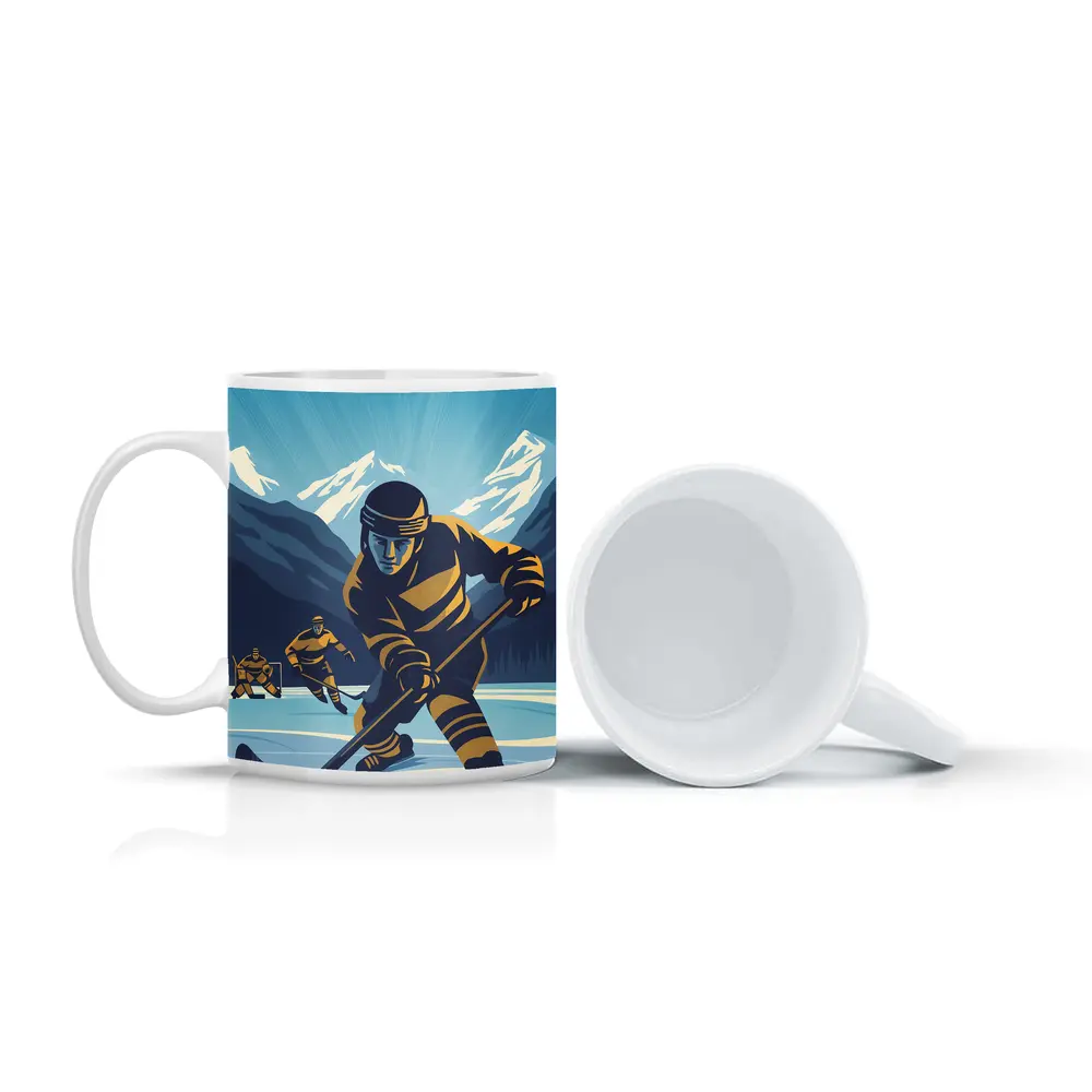 Ice Hockey Player Retro Mountain Illustration Art – Mugs