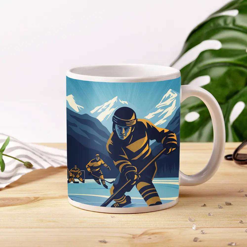 Ice Hockey Player Retro Mountain Illustration Art – Mugs