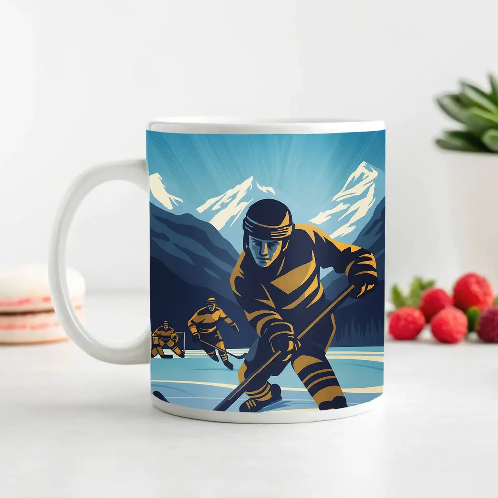 Ice Hockey Player Retro Mountain Illustration Art – Mugs