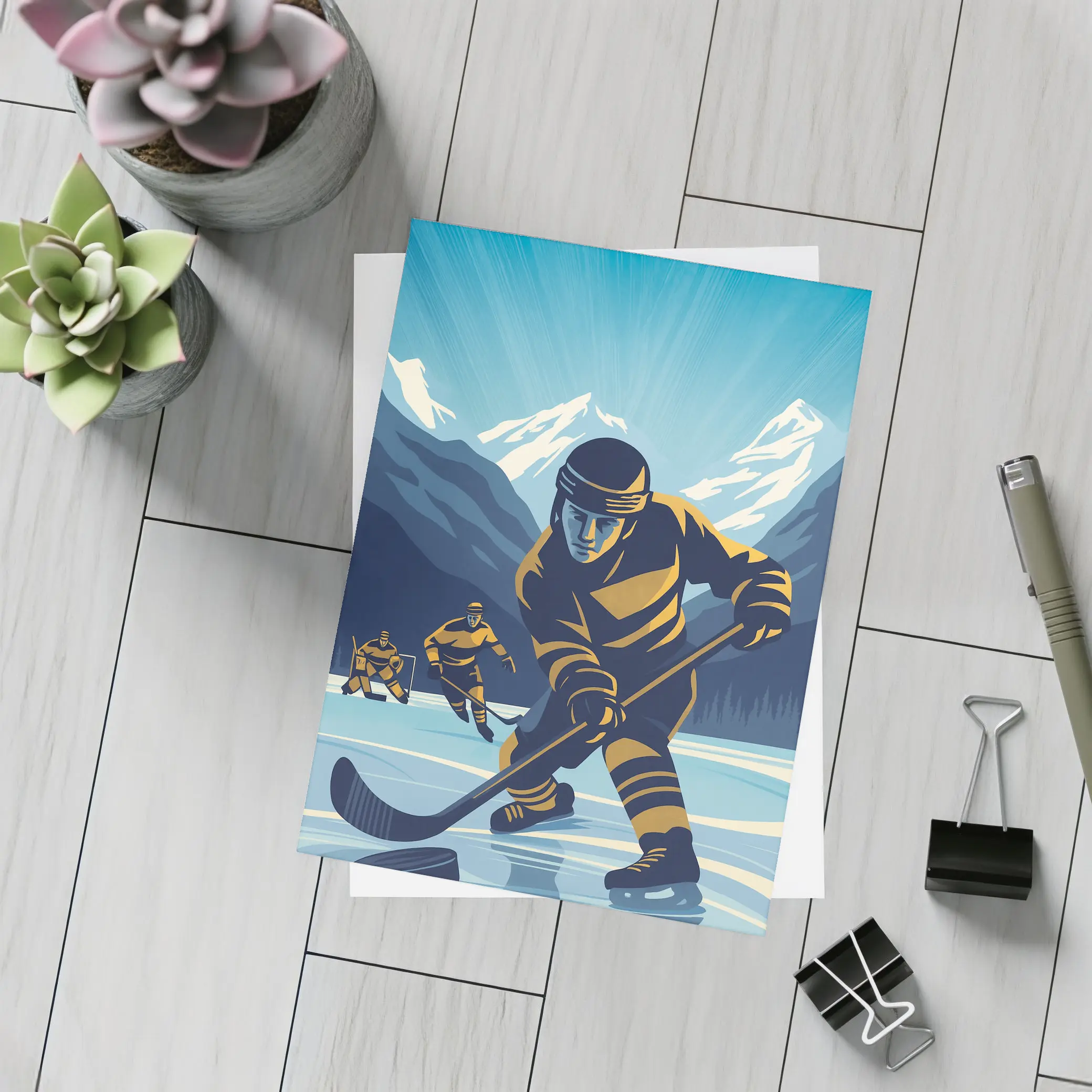 Ice Hockey Player Retro Mountain Illustration Art – Postcards