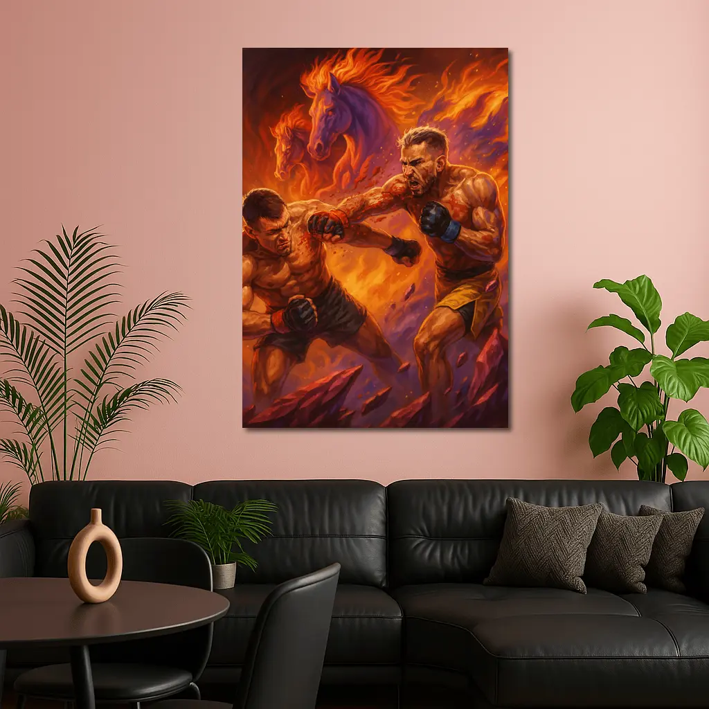 MMA Fighters Brawl Fiery Horse Background – Wall Art