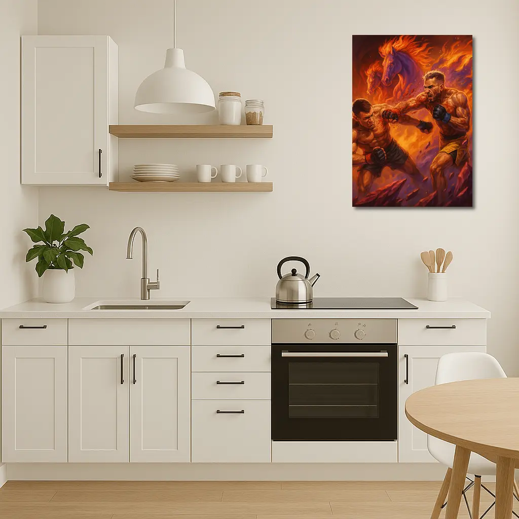 MMA Fighters Brawl Fiery Horse Background – Wall Art