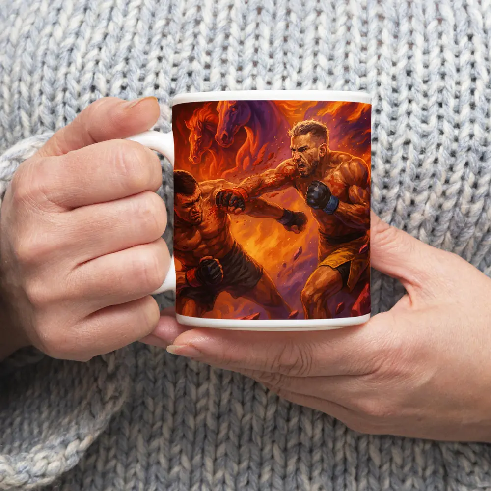MMA Fighters Brawl Fiery Horse Background – Mugs