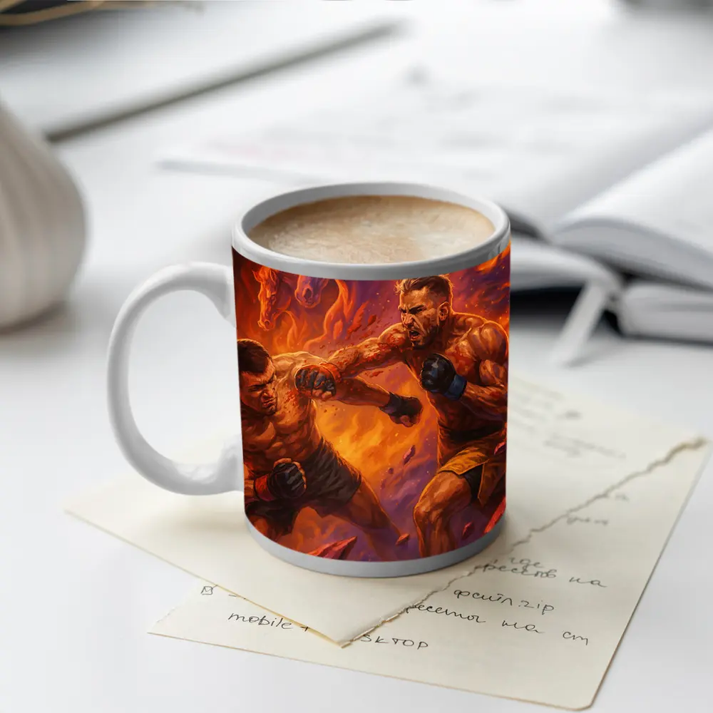 MMA Fighters Brawl Fiery Horse Background – Mugs