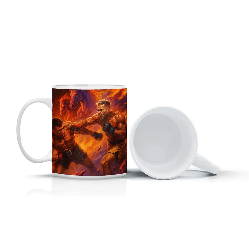 MMA Fighters Brawl Fiery Horse Background – Mugs