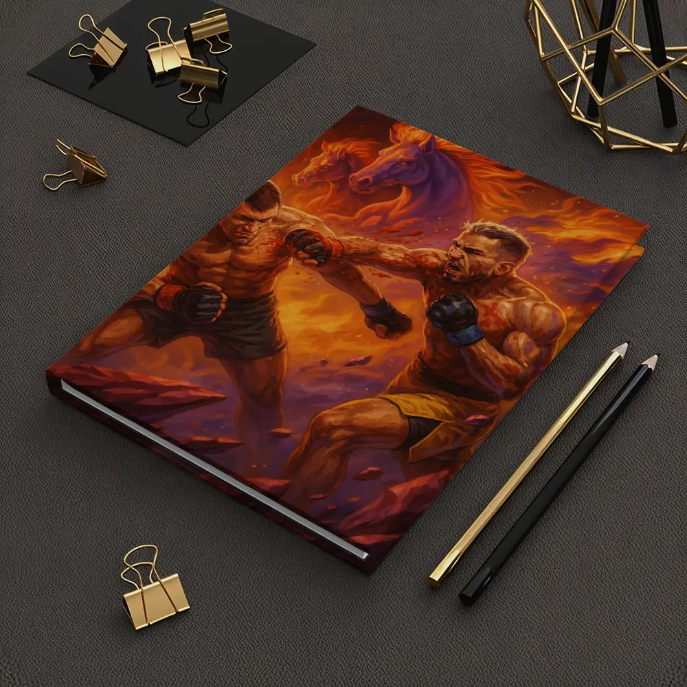 MMA Fighters Brawl Fiery Horse Background – Notebooks