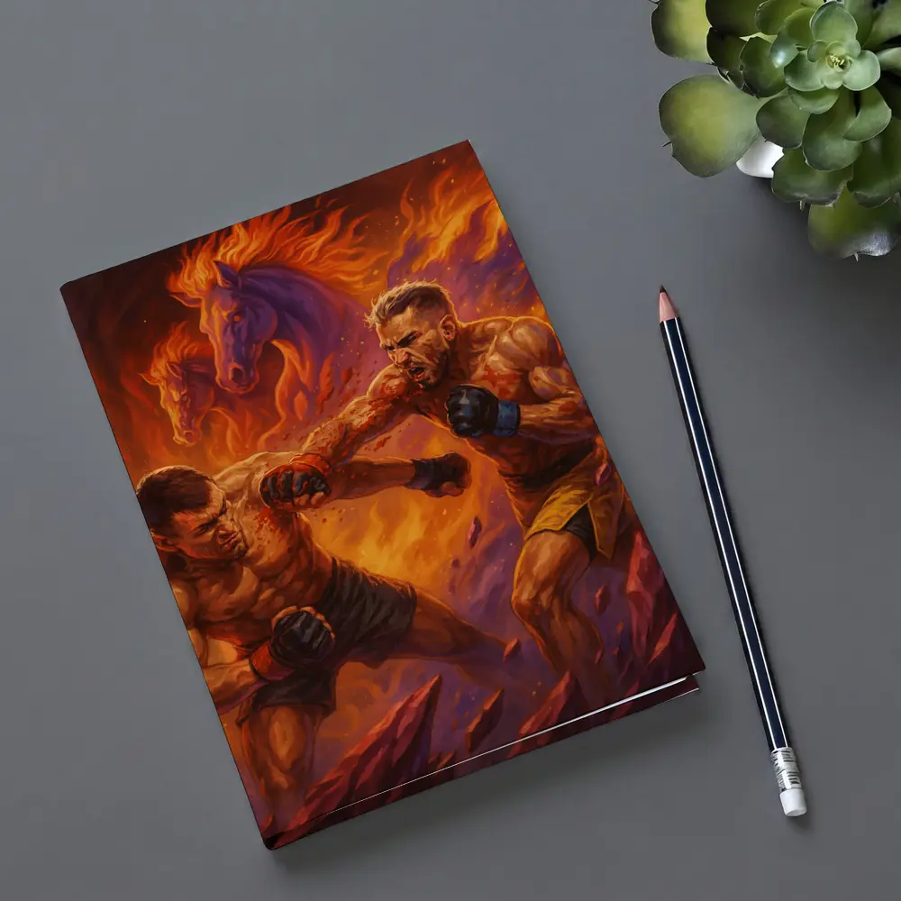 MMA Fighters Brawl Fiery Horse Background – Notebooks