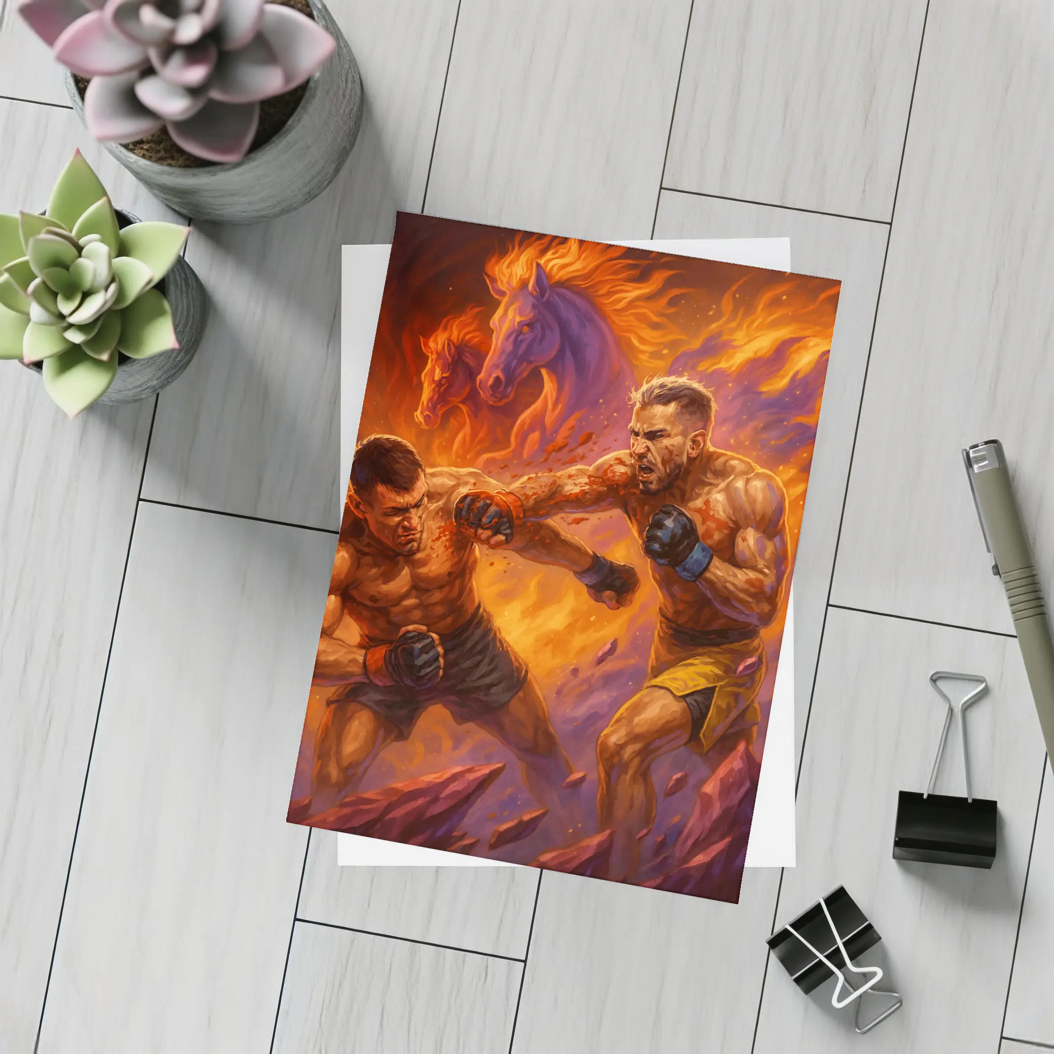 MMA Fighters Brawl Fiery Horse Background – Postcards