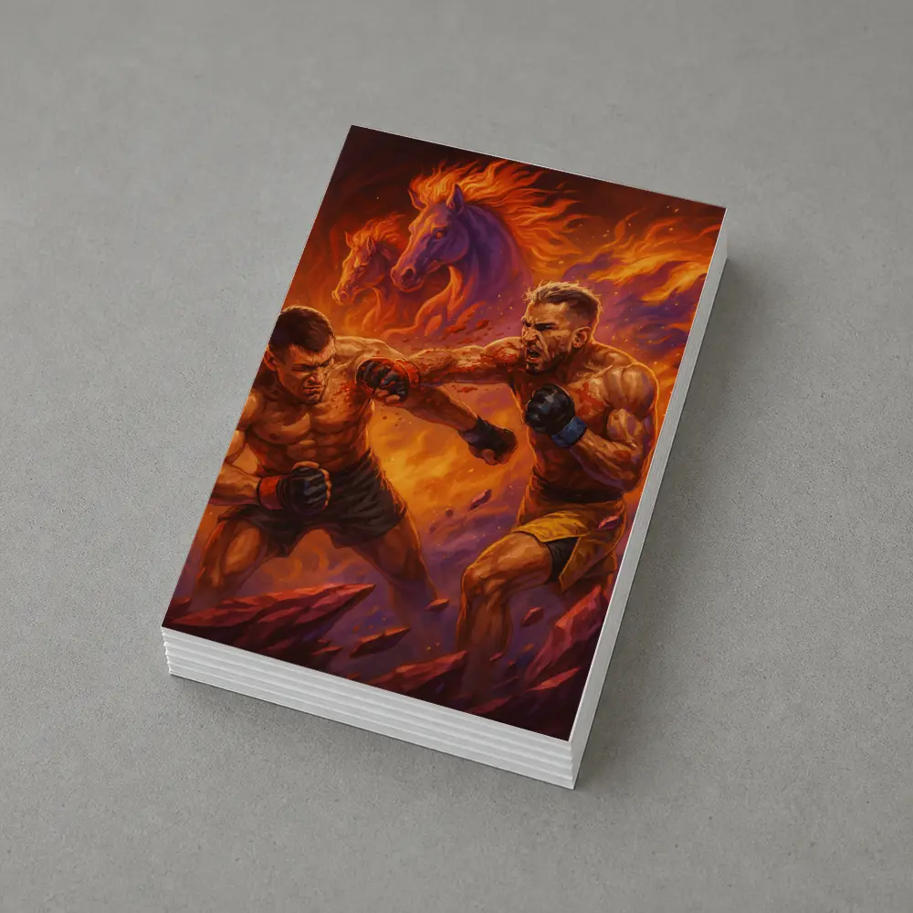 MMA Fighters Brawl Fiery Horse Background – Postcards