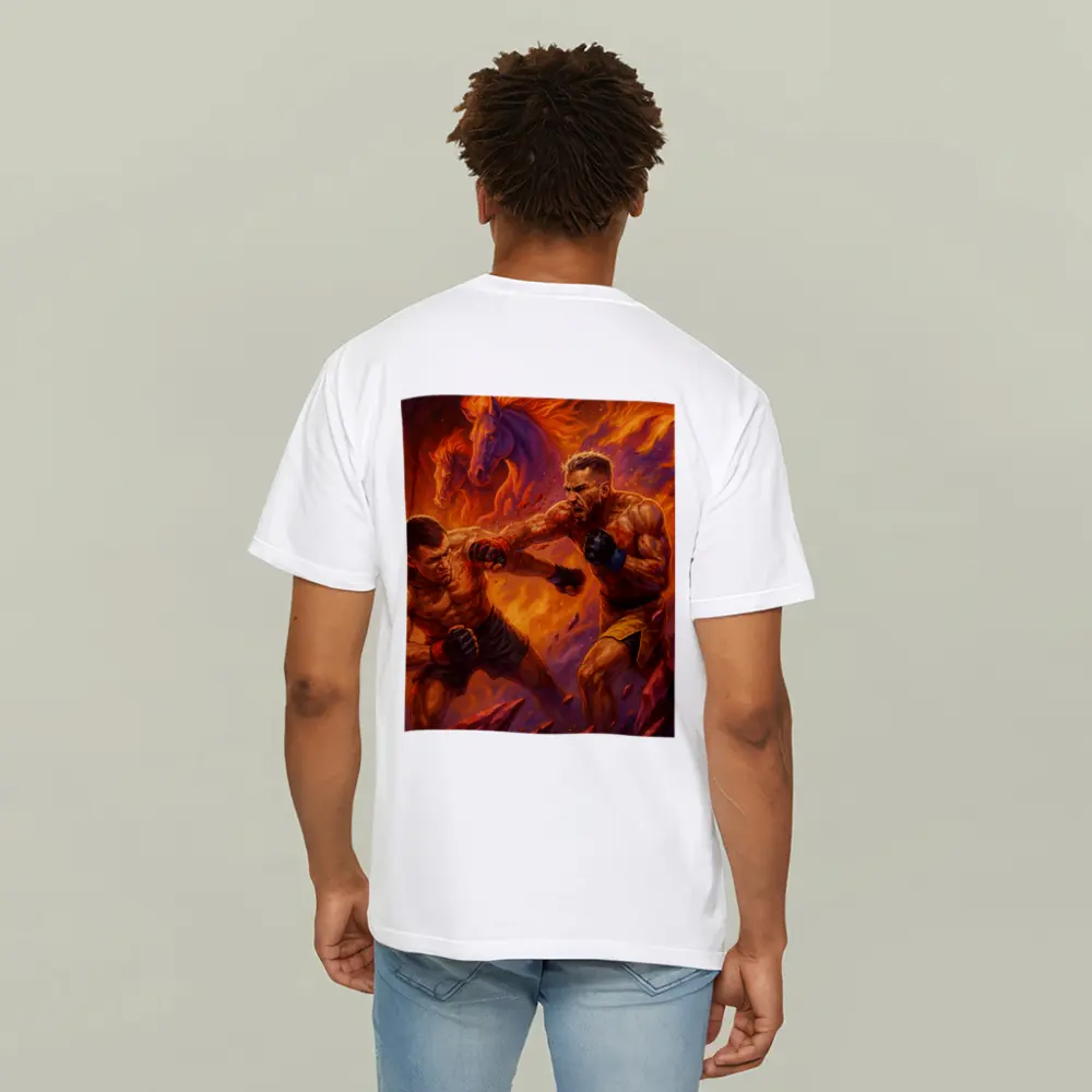MMA Fighters Brawl Fiery Horse Background – T-Shirts