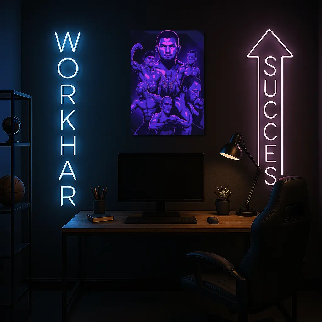 MMA Fighters Dark Purple Neon Illustration Art – Wall Art