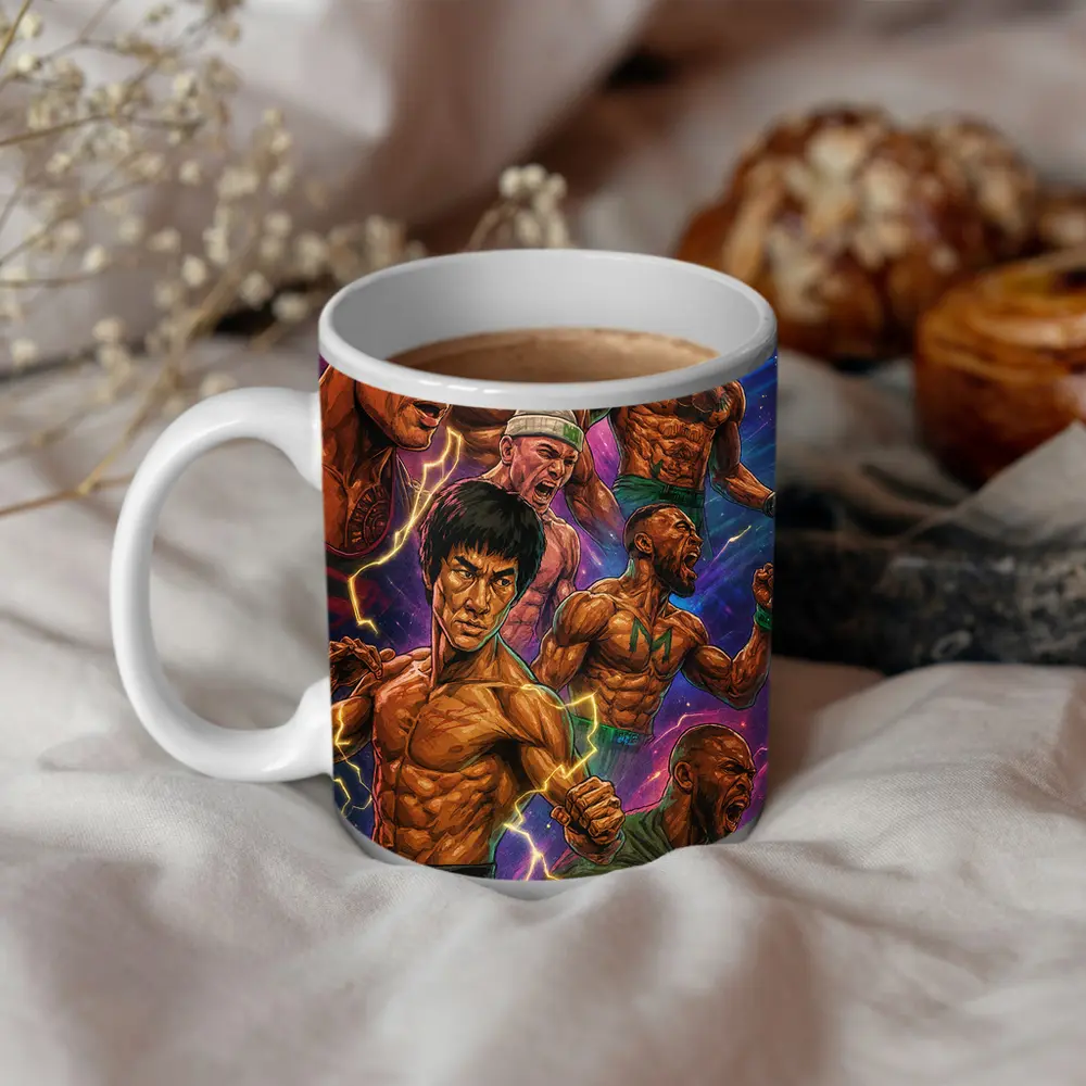 Legendary Fighters Comic Art Purple Background – Mugs