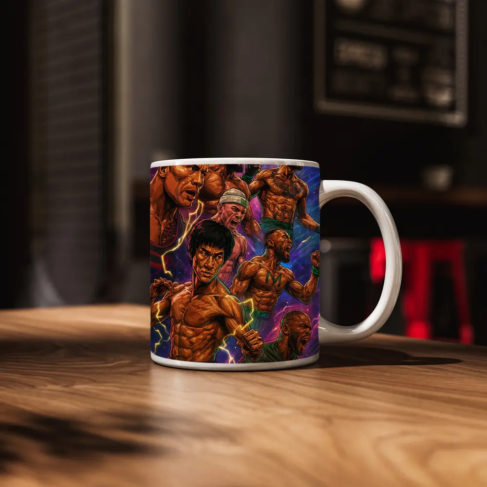 Legendary Fighters Comic Art Purple Background – Mugs