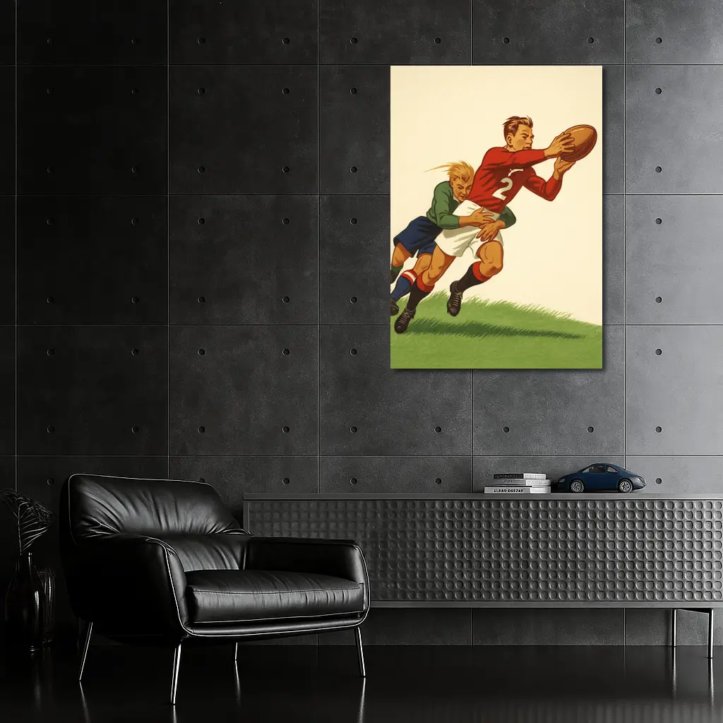 Retro Rugby Tackle Illustration Green Field – Wall Art