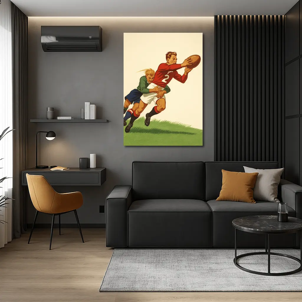 Retro Rugby Tackle Illustration Green Field – Wall Art