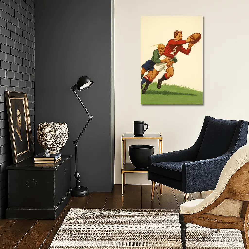 Retro Rugby Tackle Illustration Green Field – Wall Art