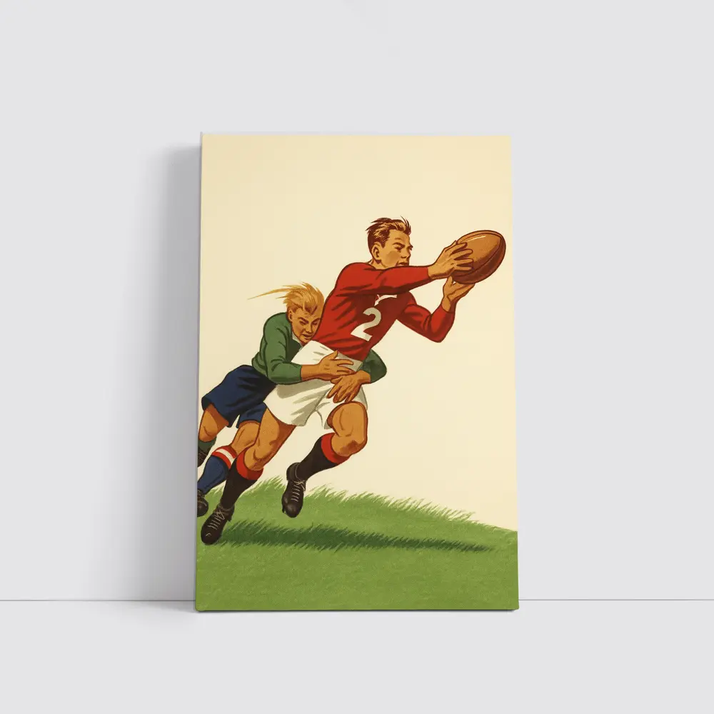 Retro Rugby Tackle Illustration Green Field – Wall Art