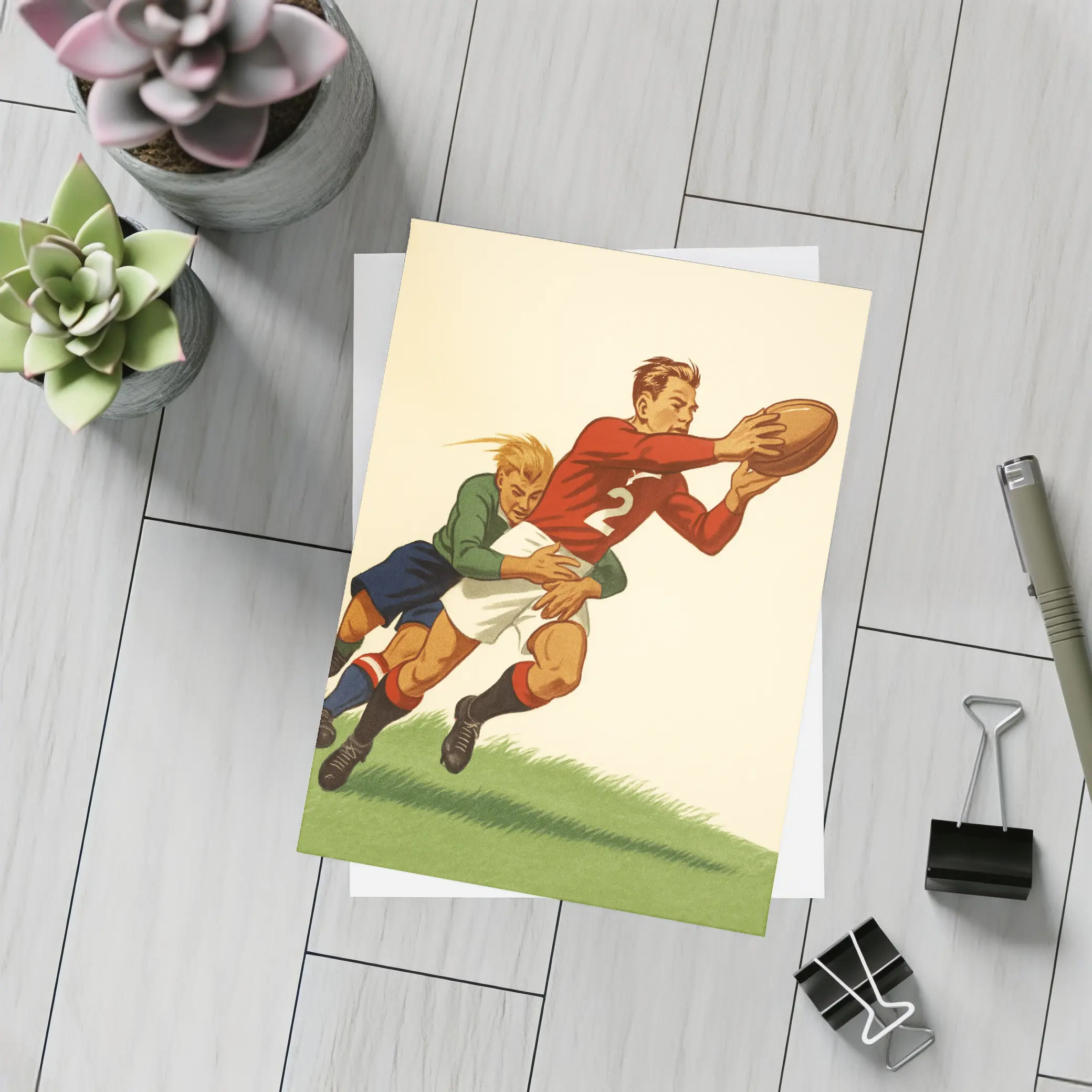 Retro Rugby Tackle Illustration Green Field – Postcards