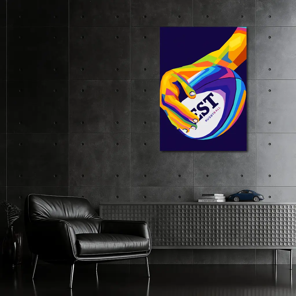 Rainbow Hand Gripping Rugby Ball Dark Background – Wall Art