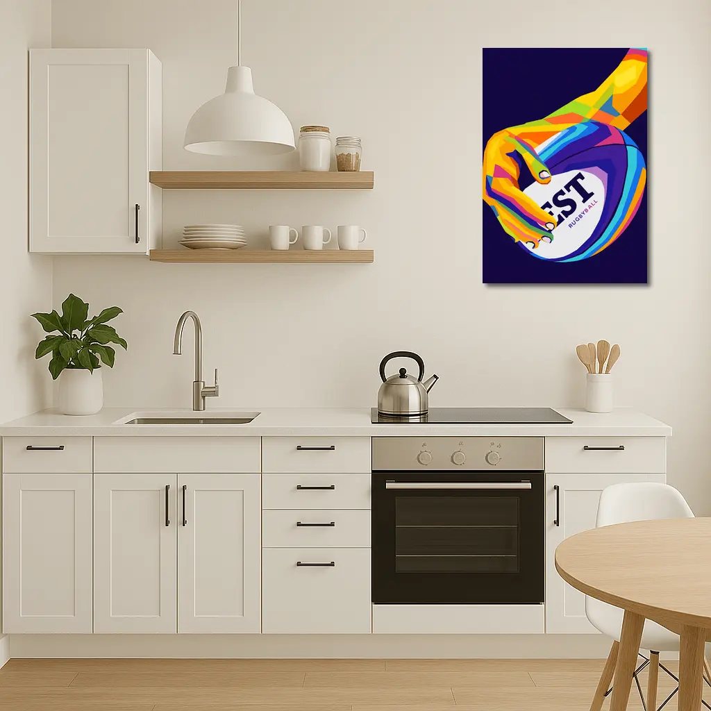 Rainbow Hand Gripping Rugby Ball Dark Background – Wall Art
