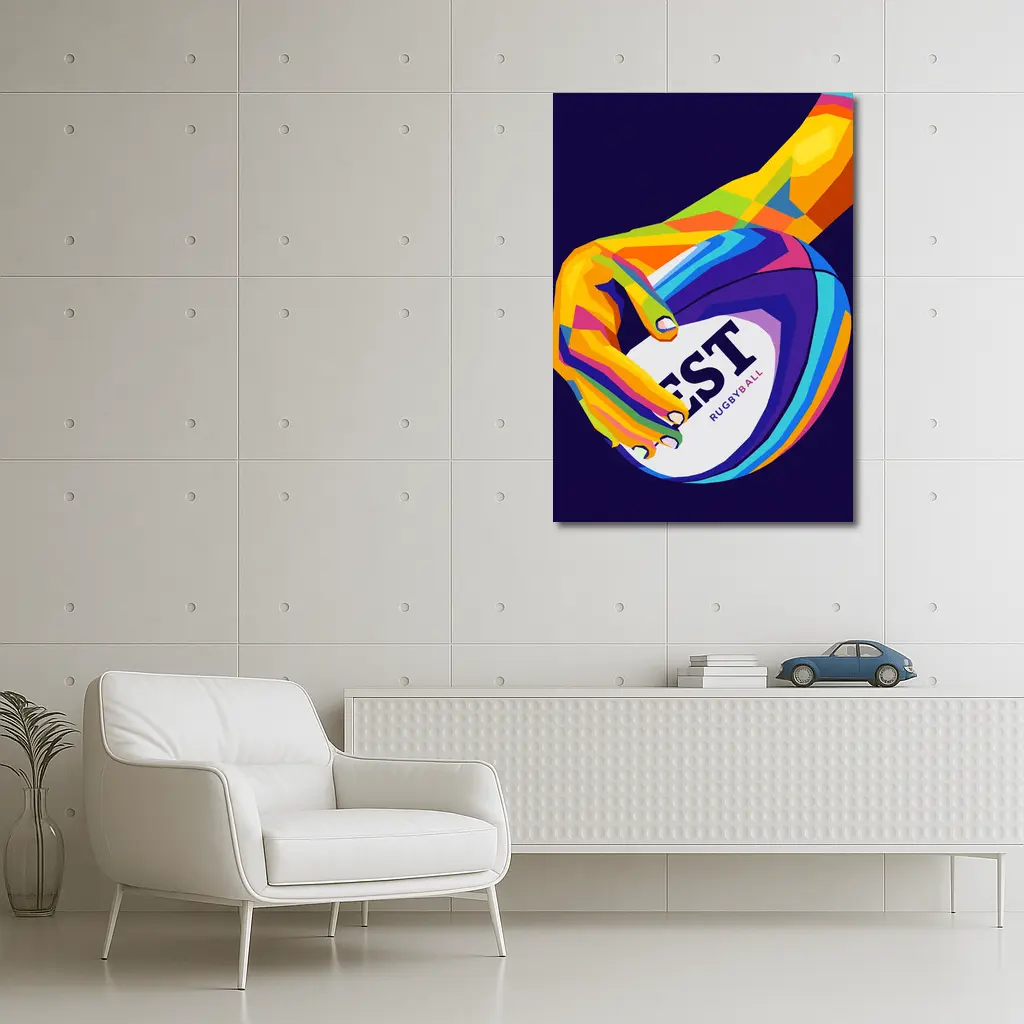 Rainbow Hand Gripping Rugby Ball Dark Background – Wall Art