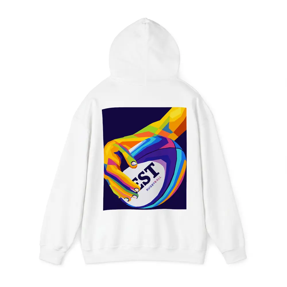 Rainbow Hand Gripping Rugby Ball Dark Background – Hoodies