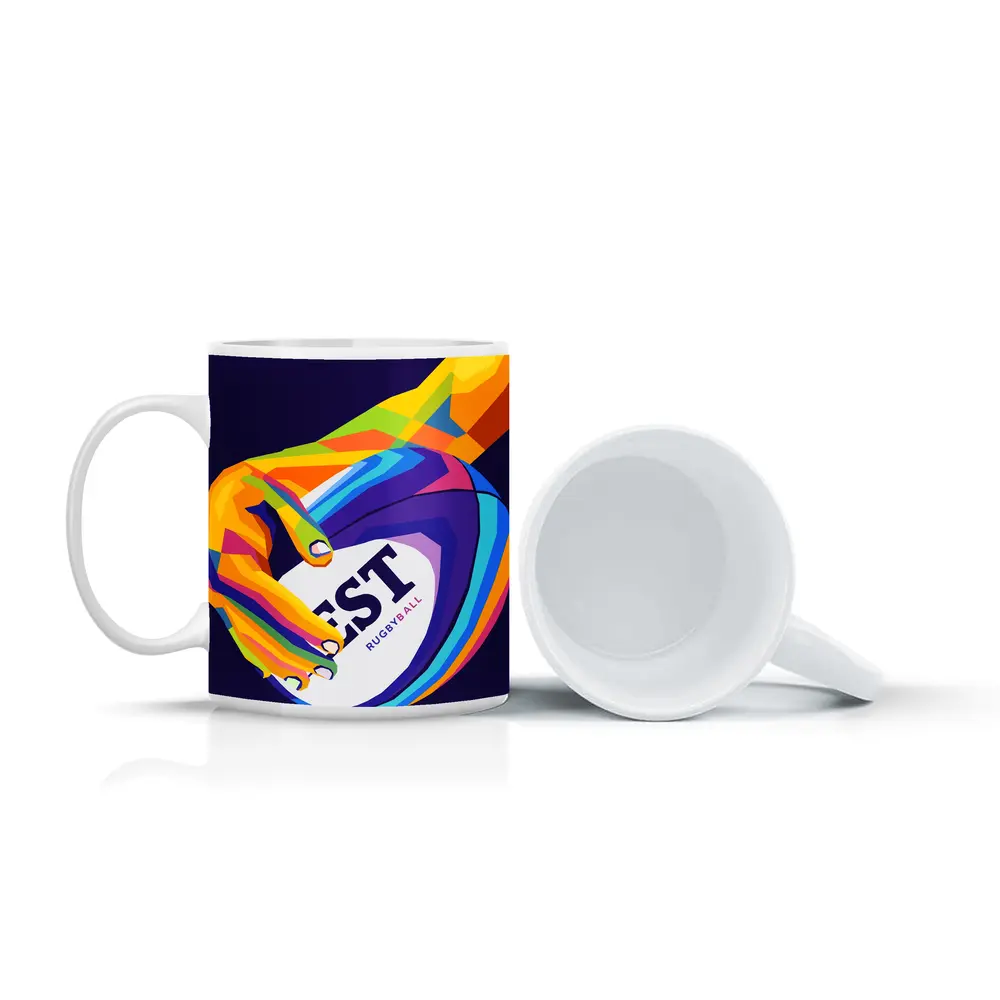 Rainbow Hand Gripping Rugby Ball Dark Background – Mugs