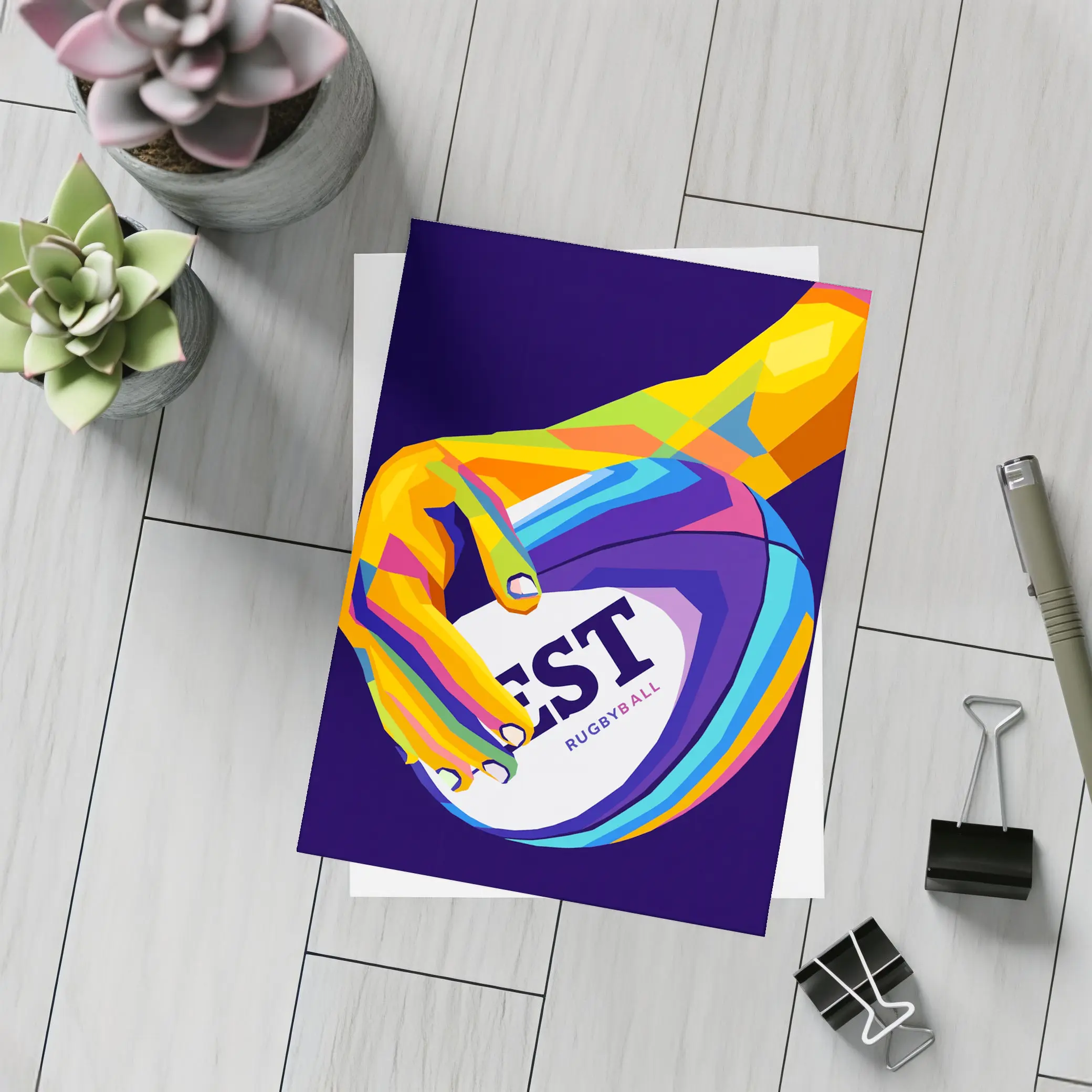 Rainbow Hand Gripping Rugby Ball Dark Background – Postcards