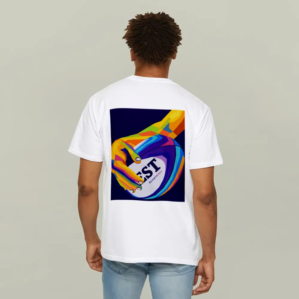 Rainbow Hand Gripping Rugby Ball Dark Background – T-Shirts