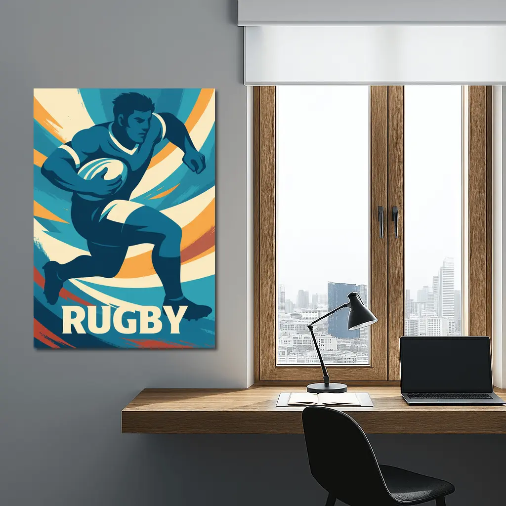 Rugby Player Running Retro Swirl Background – Wall Art