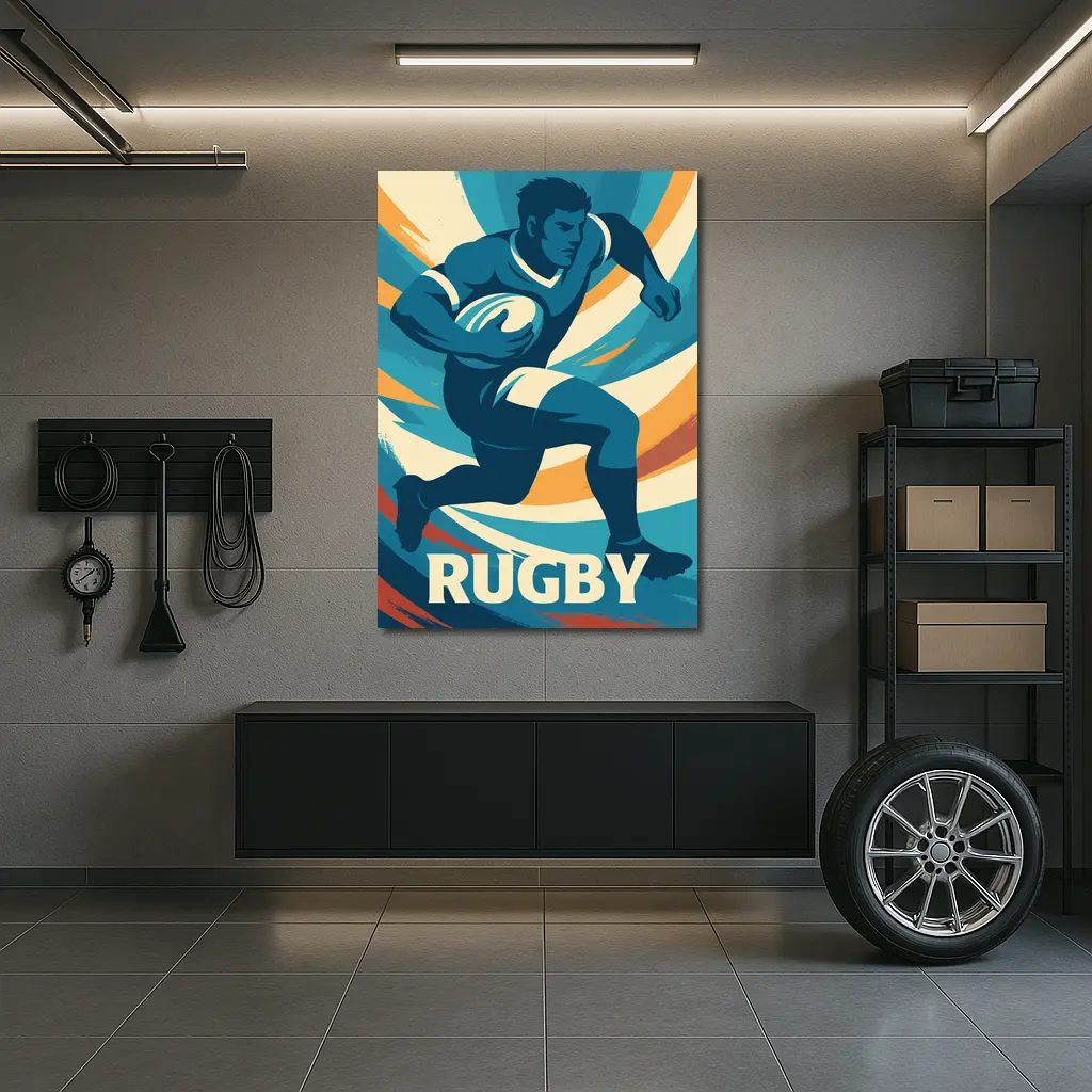 Rugby Player Running Retro Swirl Background – Wall Art