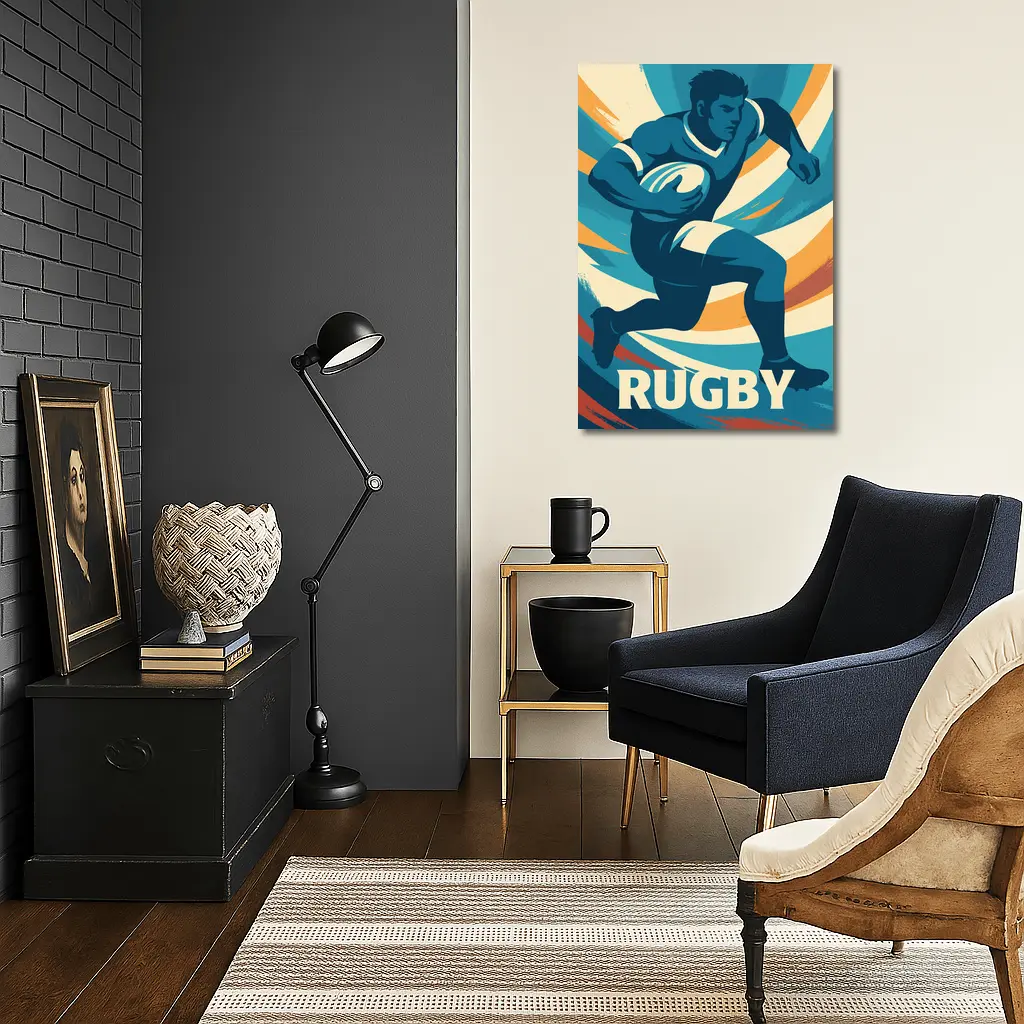 Rugby Player Running Retro Swirl Background – Wall Art